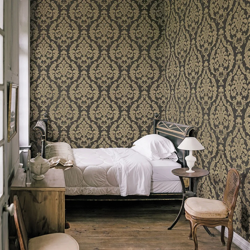 Galerie Wallcoverings Mansion II G67613 Tapet Silk Damask Svart/brun