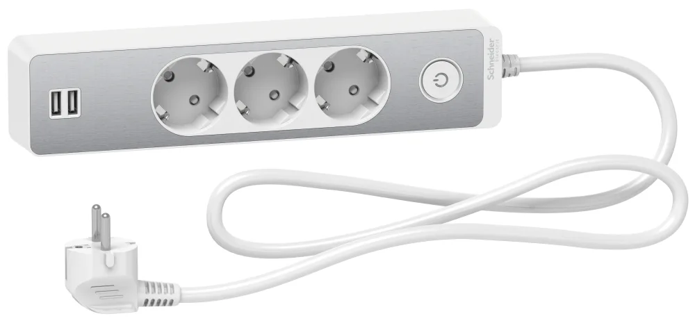 Schneider Electric Unica Extend Grenuttag jordat, 2xUSB, vit/alu, 1.5 m 5-vägs