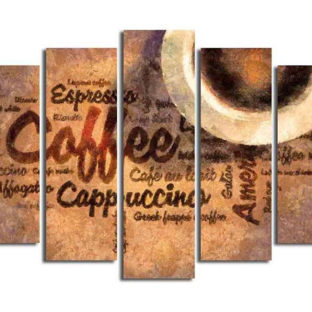 Stor Canvastavla i 5 delar 105x70 cm - Kaffeinspirerat konstverk med text och kaffekoppar