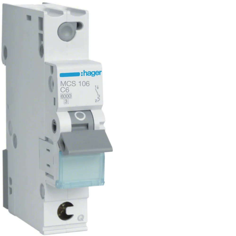 Hager MCS106 Dvärgbrytare 1-pol, 6kA, C-karakteristik 6A