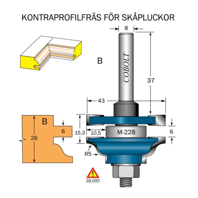 Cobolt Kontraprofilfräs B skåplucka R=5 D=43 Not=6 S=8