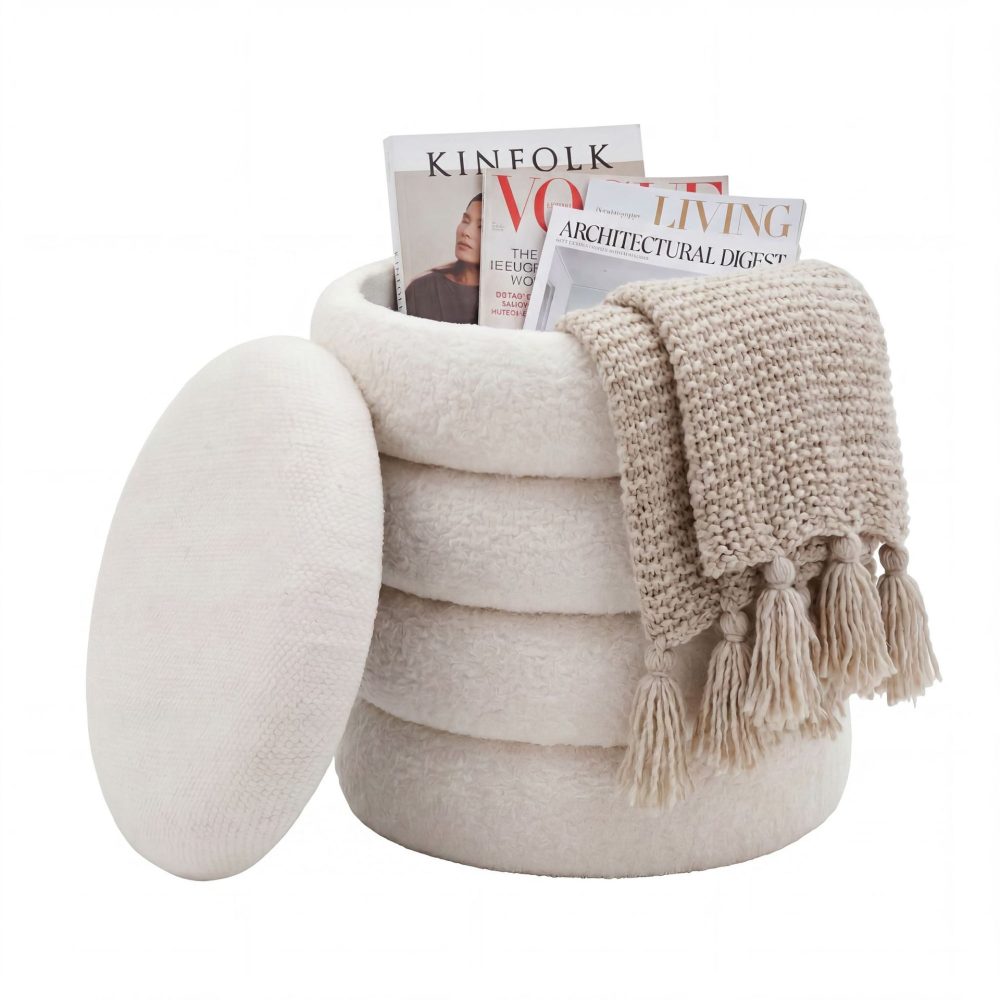Velik Rund sittpuff med förvaring i teddytyg