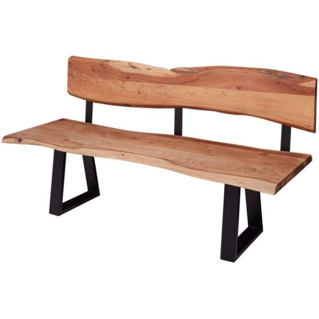 Matbänk Wohnling Köksbänk i massivt trä med trädets kant med metallben, lantlig stil Med ryggstöd, 160 cm