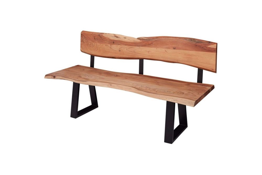 Matbänk Wohnling Köksbänk i massivt trä med trädets kant med metallben, lantlig stil Med ryggstöd, 160 cm