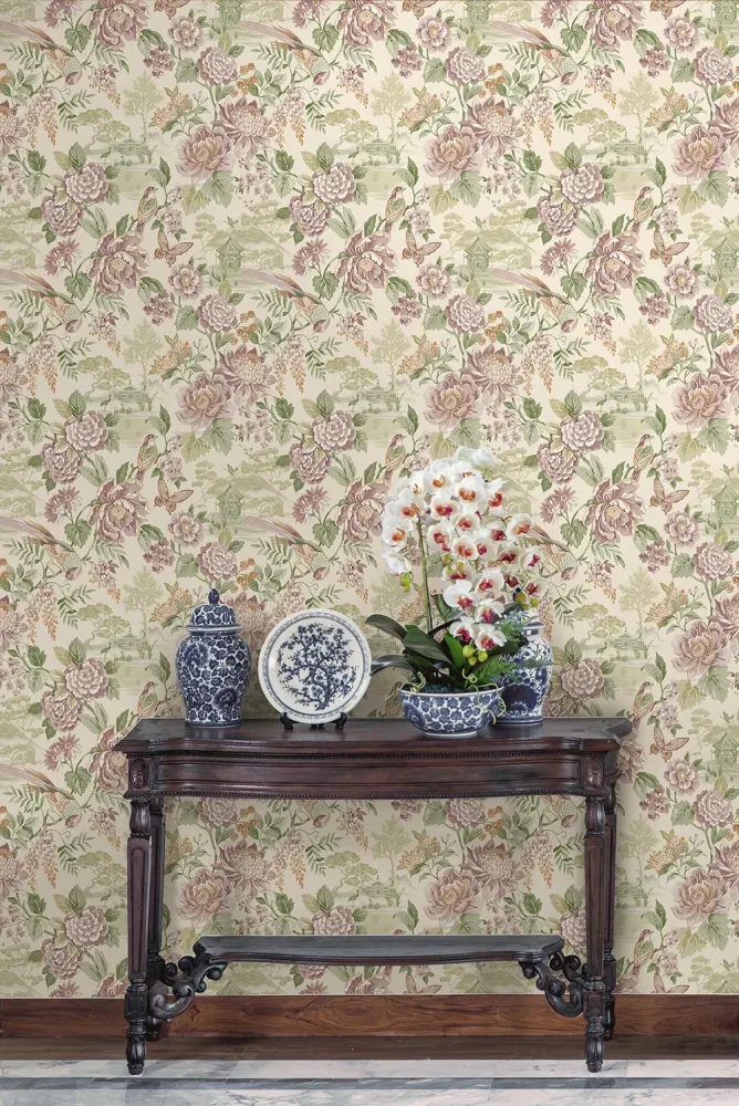 Holden Decor Journey to the East 91830 Tapet Hana green/cream Grön/rosa/vit/beige