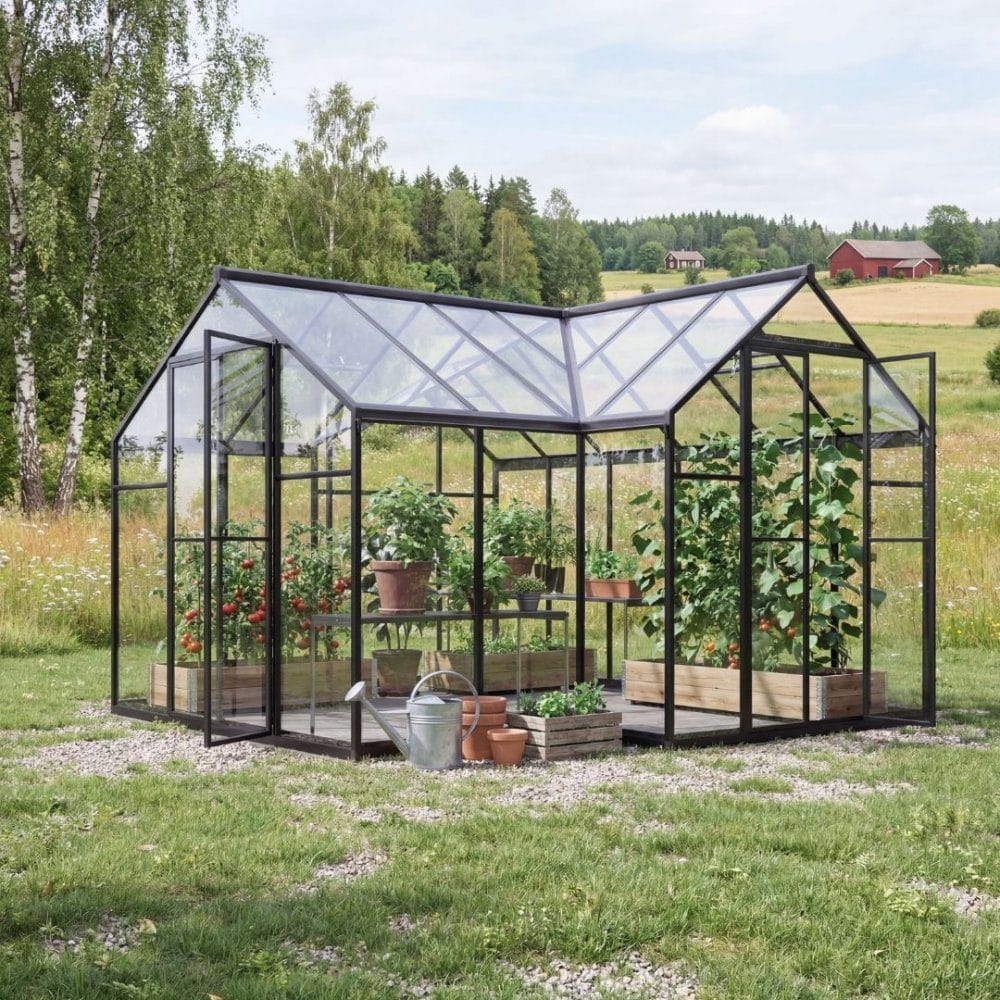 Växthus 11,8 m² | Härdat glas & kanalplast | Svart aluminium | Titania