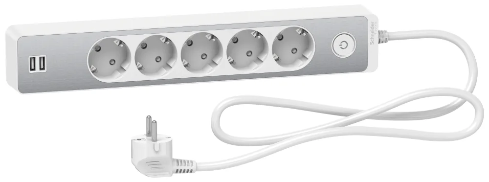 Schneider Electric Unica Extend Grenuttag jordat, 2xUSB, vit/alu, 1.5 m 5-vägs - Bild 2