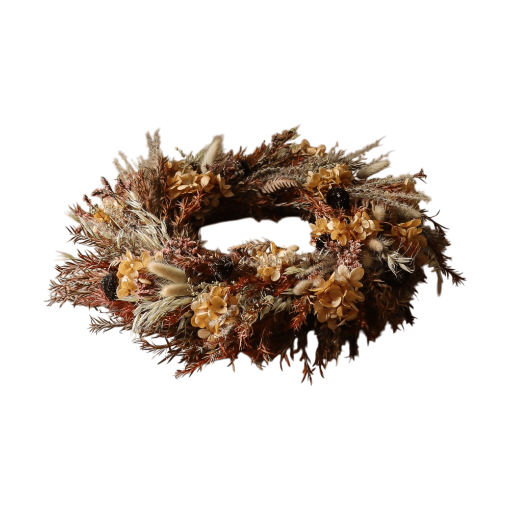 Golden Meadow Wreath blomkrans, Hortensia-torkat gräs-ormbunke-haröron, Ø40 cm