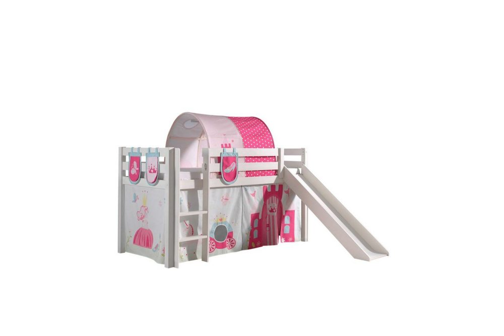 Halvhöjdssäng med gardin Pino Princess Vit, Vit, Med rutschkana, Prinsessa, 3