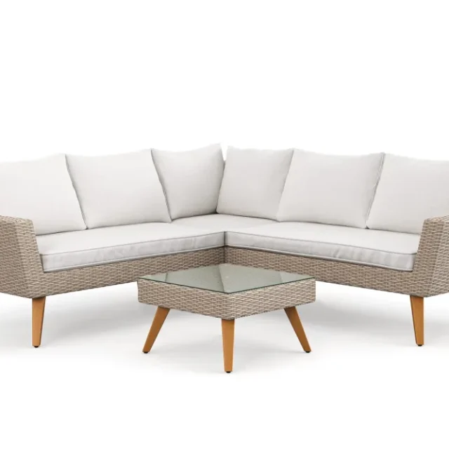 Karlskrona 5-sits Loungegrupp utomhus med vita dynor soffbord i konstrotting med glasskiva